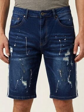 M Society Distressed RIP Indigo Paint Splatter Jeans Shorts